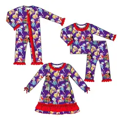 Fashion Boutique Children Clothes Christmas Long Sleeve Lace Cartoon Print Pants Lace Girl Pajama Set Baby Zipper Jumpsuit Dress