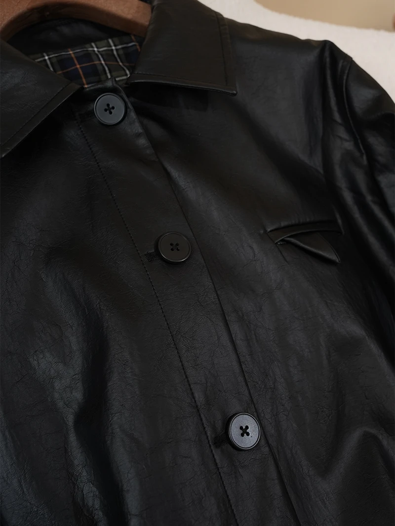 Ele Casual ort PU Leather Jaet Vintage Faion Turn-down Collar Autumn New Sle Women's Top Quali Matching Versatile