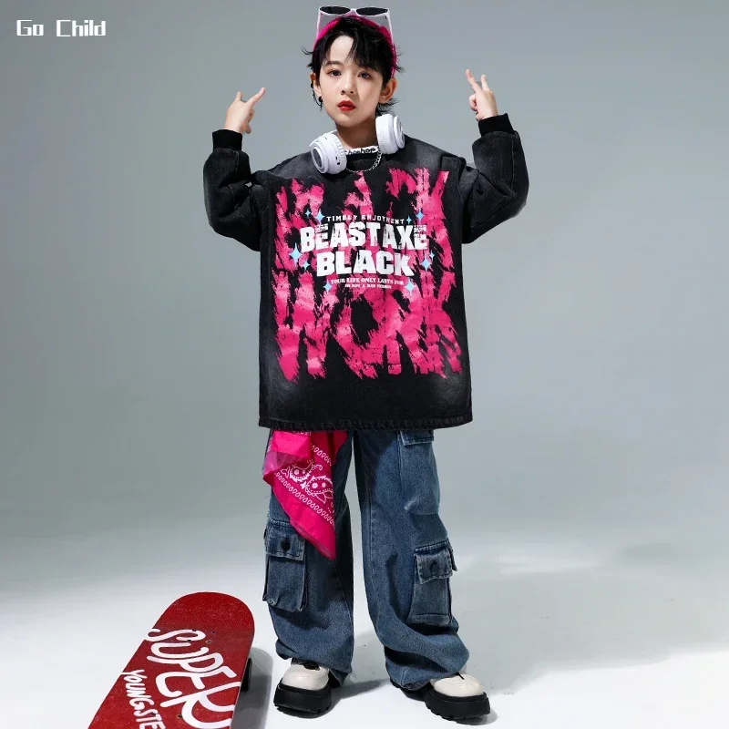 Kinder Hip Hop coole Sweatshirt Jungen Tasche Denim Cargo hose Mädchen Street Dance Pullover Streetwear Kind Jazz Kostüm Kleidung Set