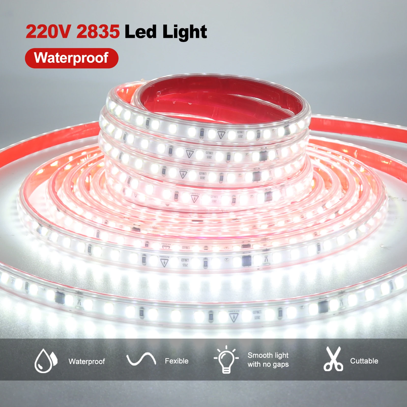 AC 220V 120LEDS 2835 LED Strip Waterproof Red/Pink/Green/Ice Blue/White Flexible Ribbon Self Adhesive Tape Strip Chain Light