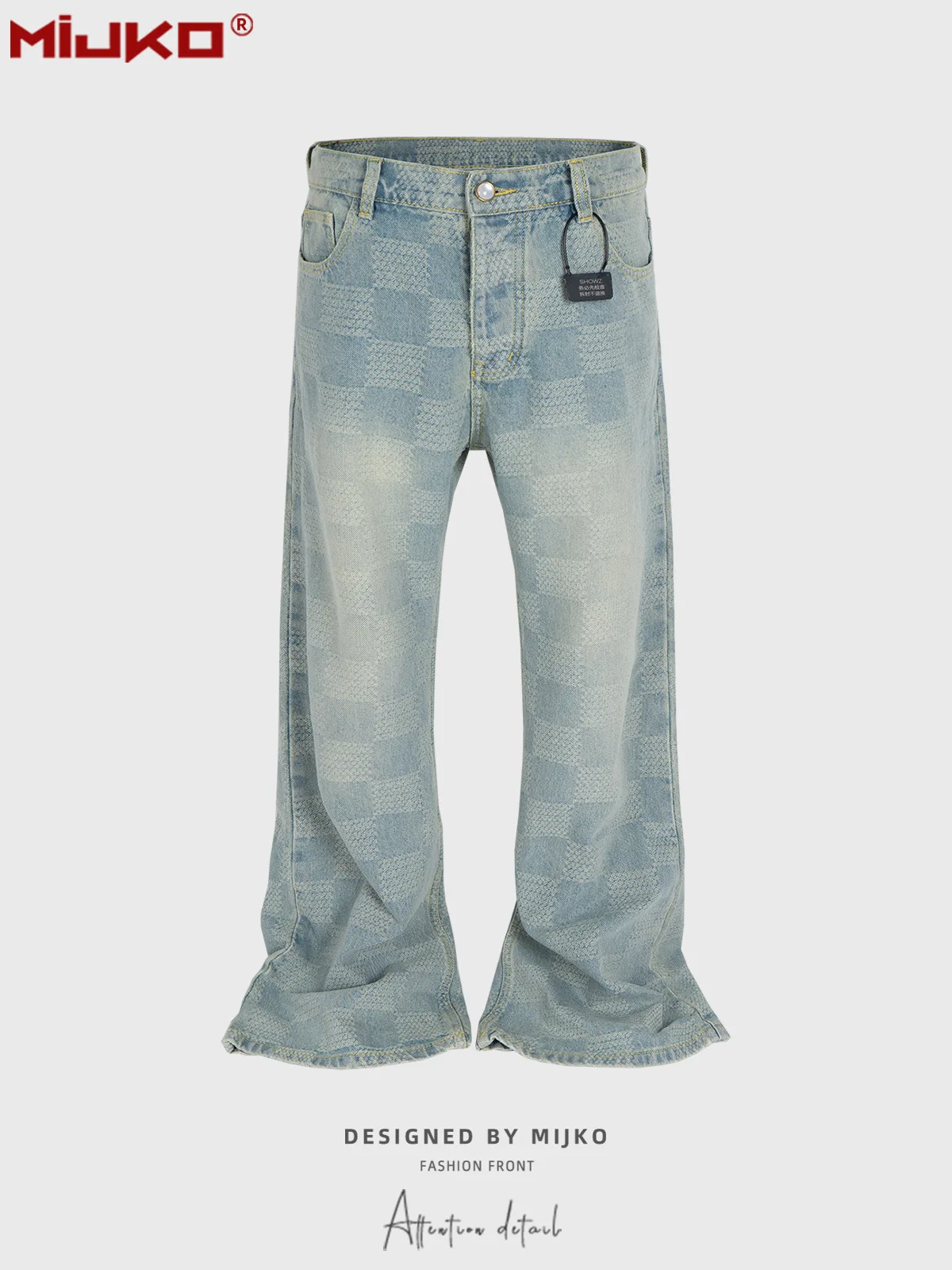 

MIJKO Blue Washed Loose Men's Plaid Printed Jeans Casual High Street Vintage Y2k Pants Jeans Trousers ZJ087