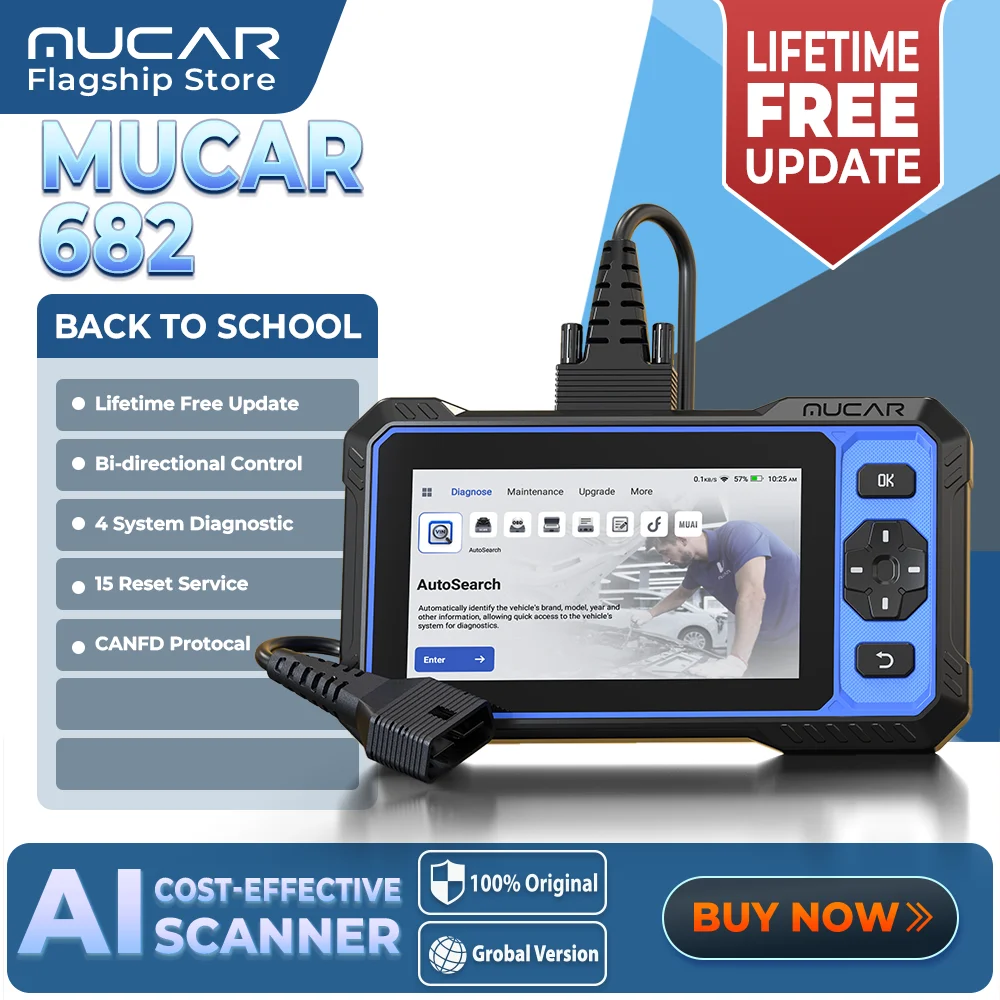 MUCAR 682 AI Professional Bidirectional Car Diagnostic Tool CANFD ECU Coding 20 Resets Full System Life Free Update Obd2 Scanner