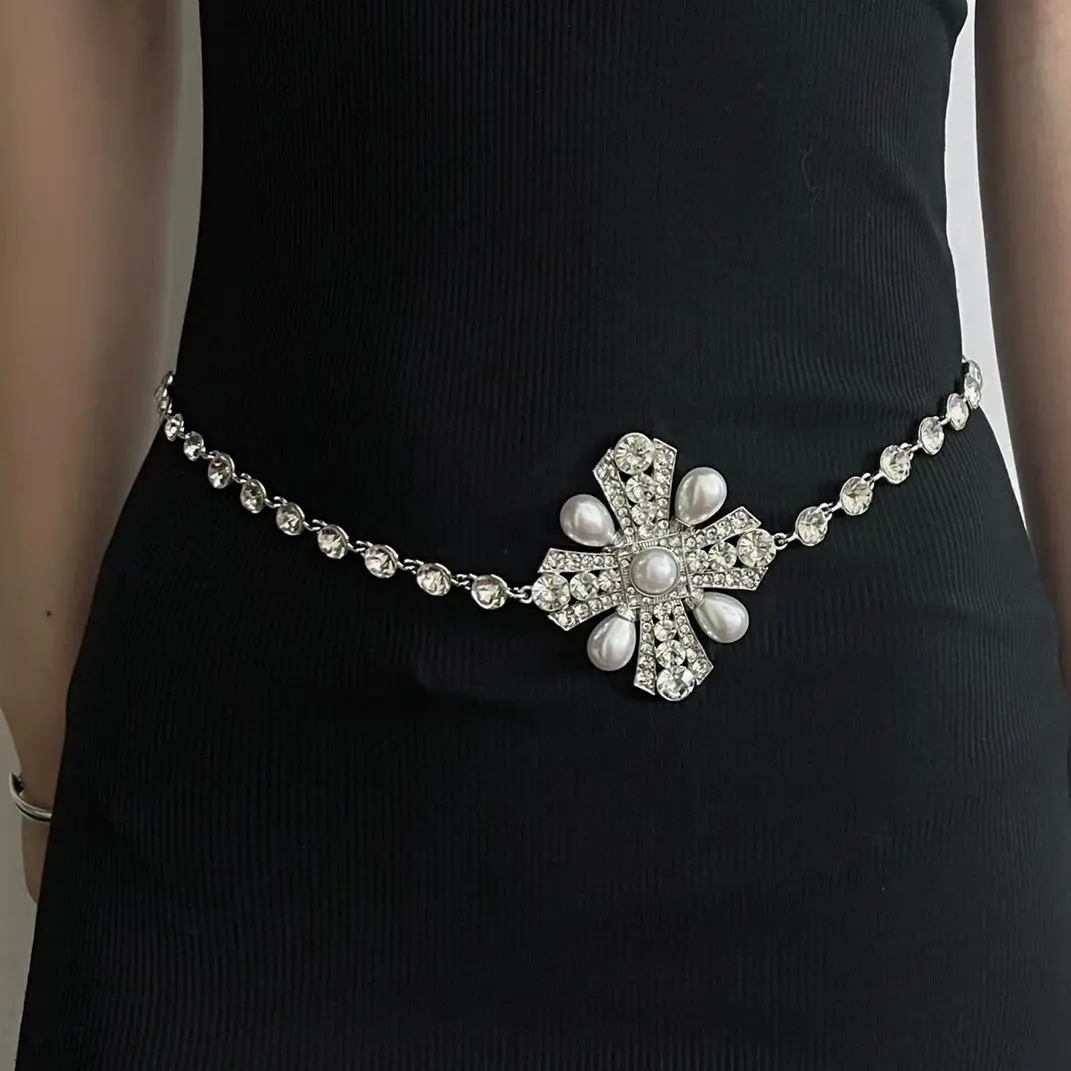 Silver Full-Diamond Pearl Cross Waist Chain with Skirt/Pants Y2K Millennial Spice Girl Belt Fashionable Women's Jewelry NEW