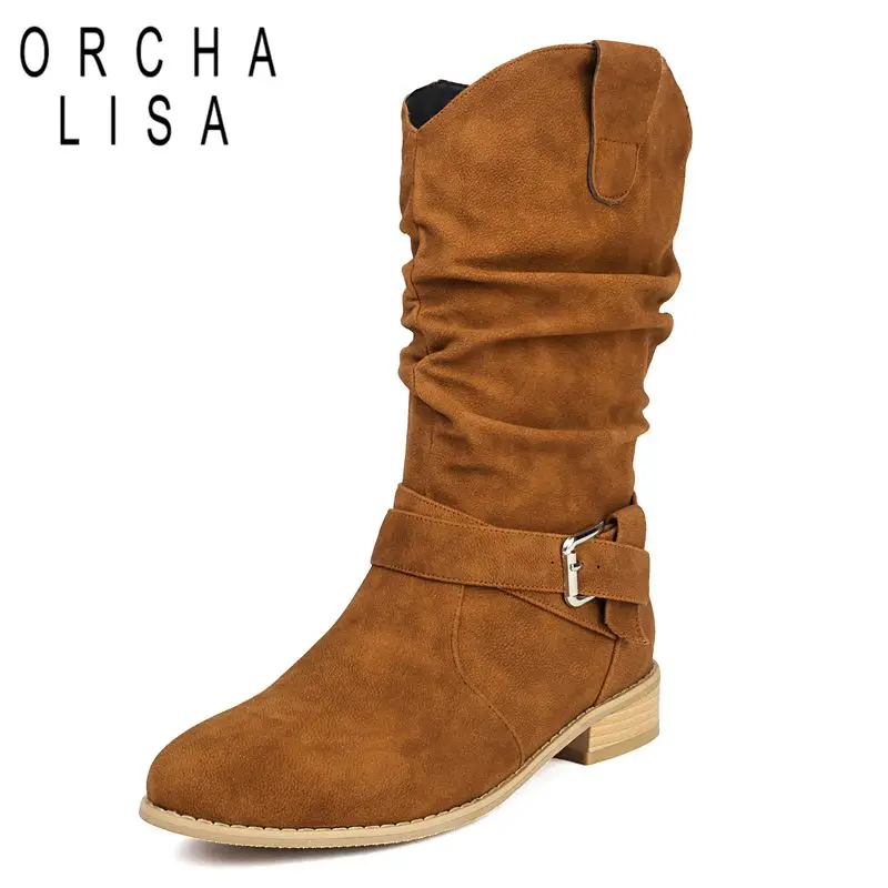 

ORCHA LISA RetroInspired Casual Female Mid Calf Boots Round Toe Flats Slip On Belt Buckle Flock Suede Plus Size 49 50 Daily Bota