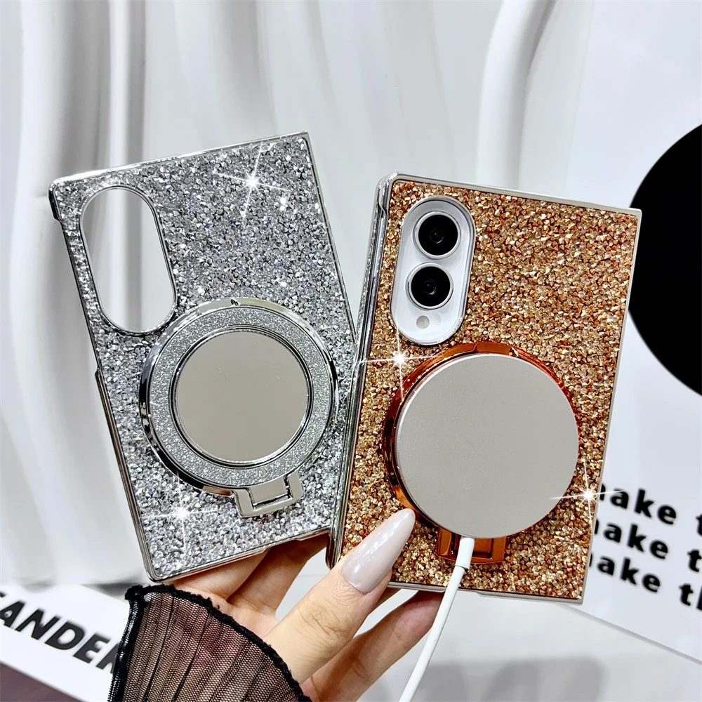 Luxury Chic Glitter Makeup Mirror Bracket Magnetic Phone Case for Samsung Galaxy Z Fold 8-3 Plating Frame Protective Cover