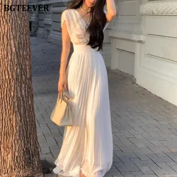 BGTEEVER Stylish V-neck Sleeveless Women Pleated Dress Spring Summer Slim Waist Long Dress for Women