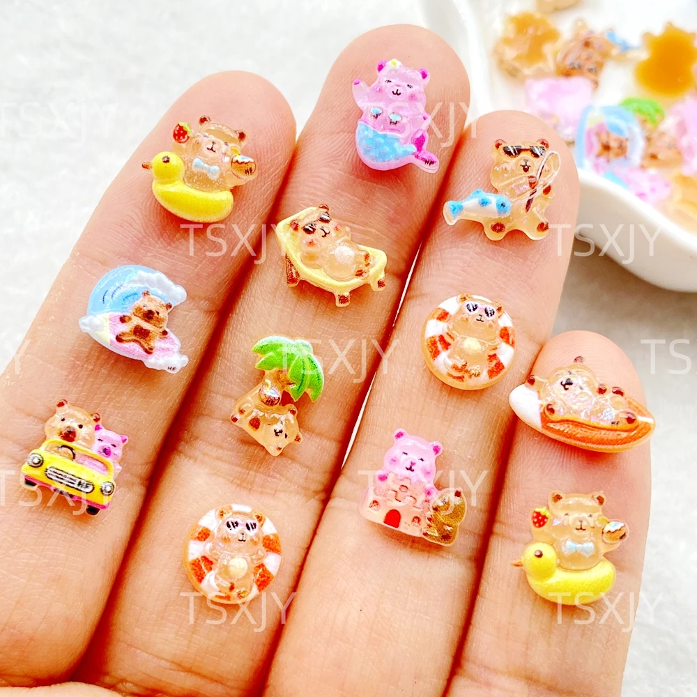 50 szt. żywicznych mini figurinek 3D w kształcie misia w kolorze kawy, płaskie, do scrapbookingu, aplikacji ślubnych, dekoracji paznokci i rękodzieła.