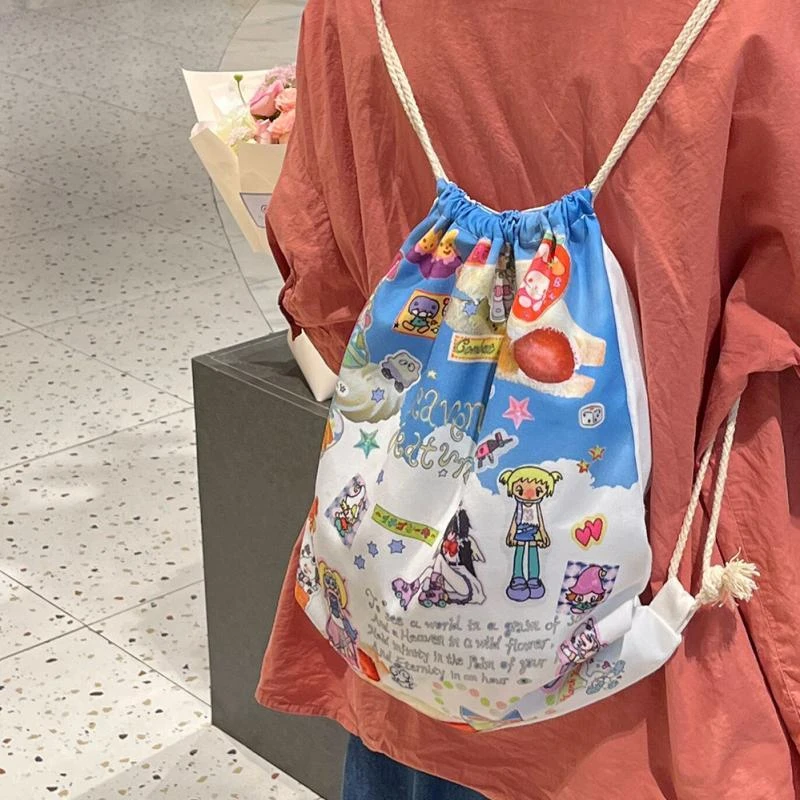 Canvas Bag Drawstring Backpacks Y2k Aesthetic Handbag Women Cartoon Print Students Kawaii Ins Schoolbags Harajuku All Match Bags