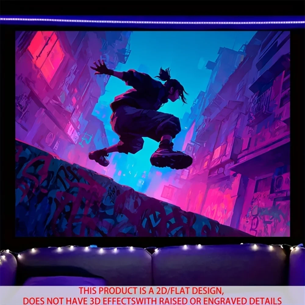 1pc  Cyberpunk City Parkour Boy Wall Tapestry, Neon Synthwave Cityscape Hanging Decor for Bedroom Living Room Dorm
