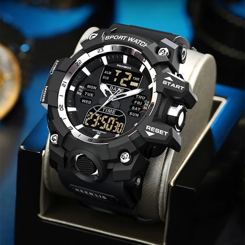 FOXBOX Fashion Electronic Man Watch Outdoor Waterproof LED Light Casual Sport Dual Digital Display Alarm Week Date Stopwatch+Box
