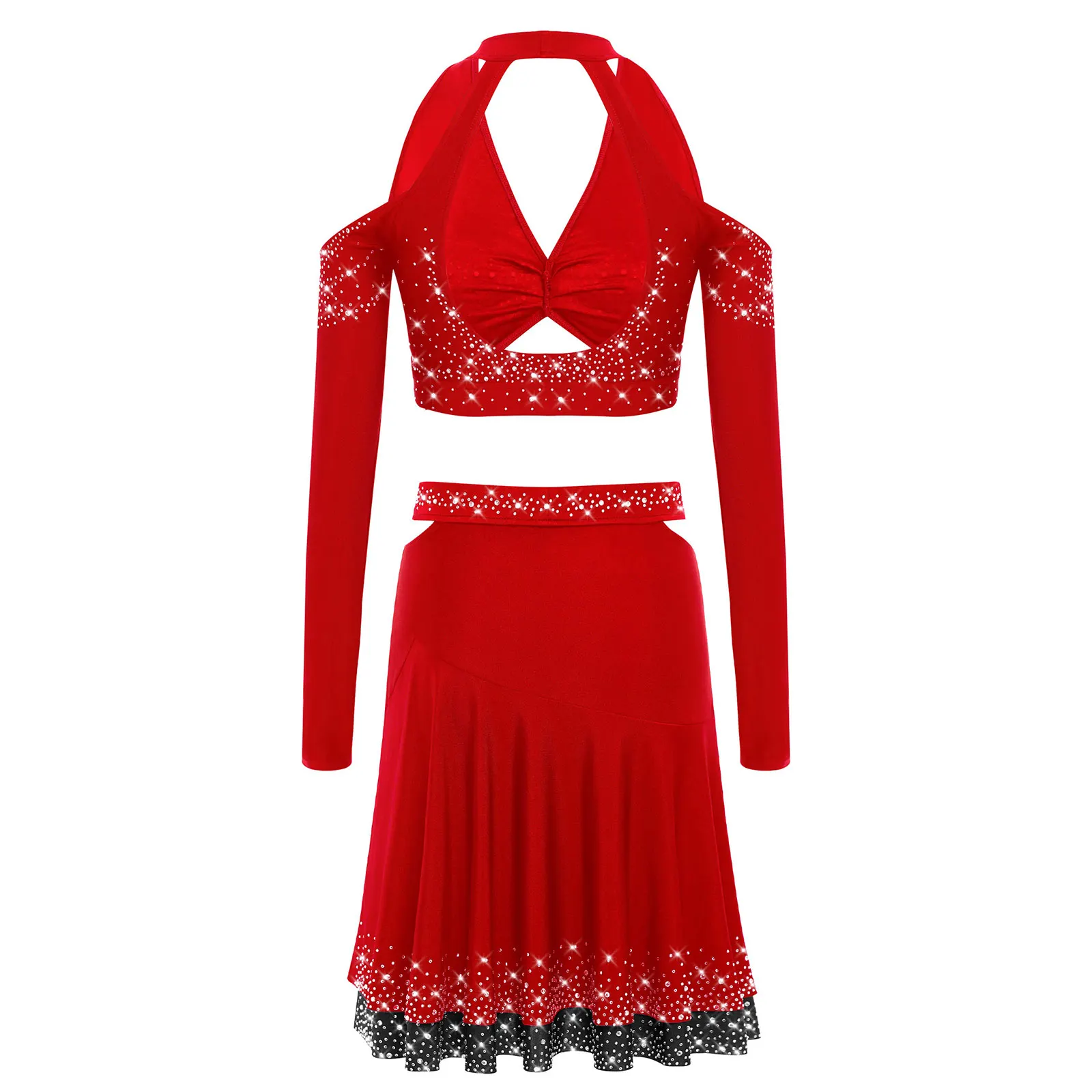 Womens Salsa Dance Costume Shiny Backless Crop Top with Ruffled Skirt 2 Piece Latin Dance Costume Set for Stage Ballroom Shows