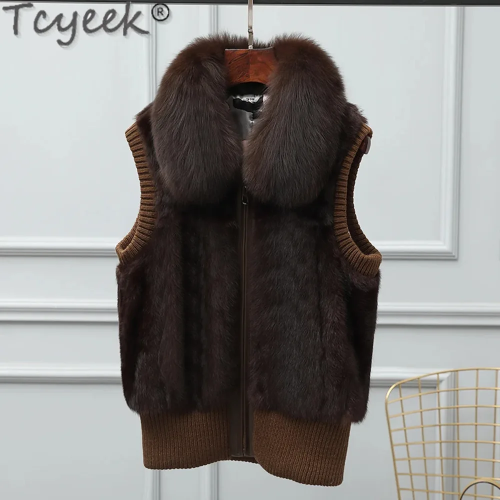 Chaleco de conejo Tcyeek para mujer, chaquetas cálidas con cuello de zorro sin mangas, chalecos de piel Real, ropa de otoño e invierno