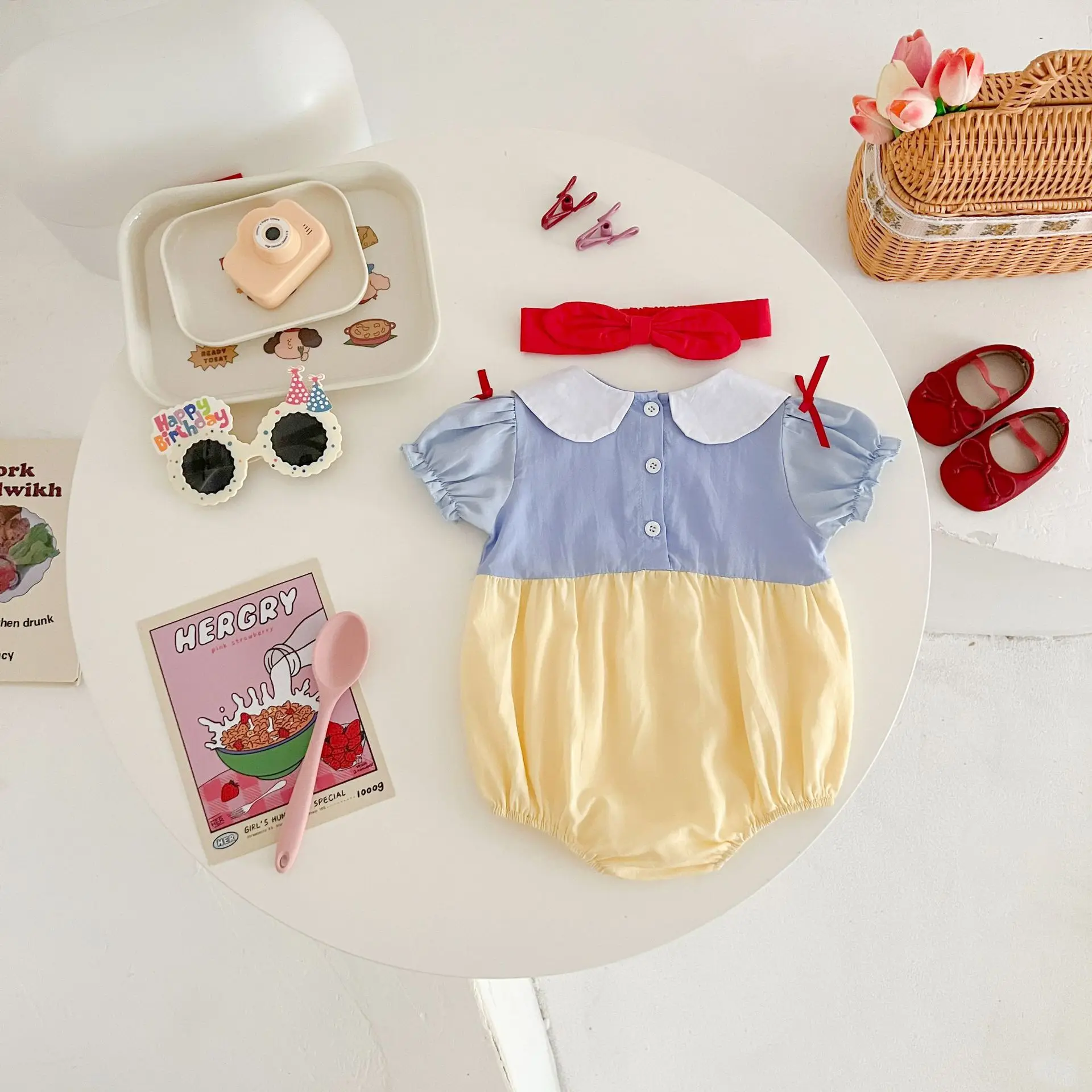 Baby Toddler Girls Snow White Romper Costume Halloween Doll Collar Jumper with Red Headband