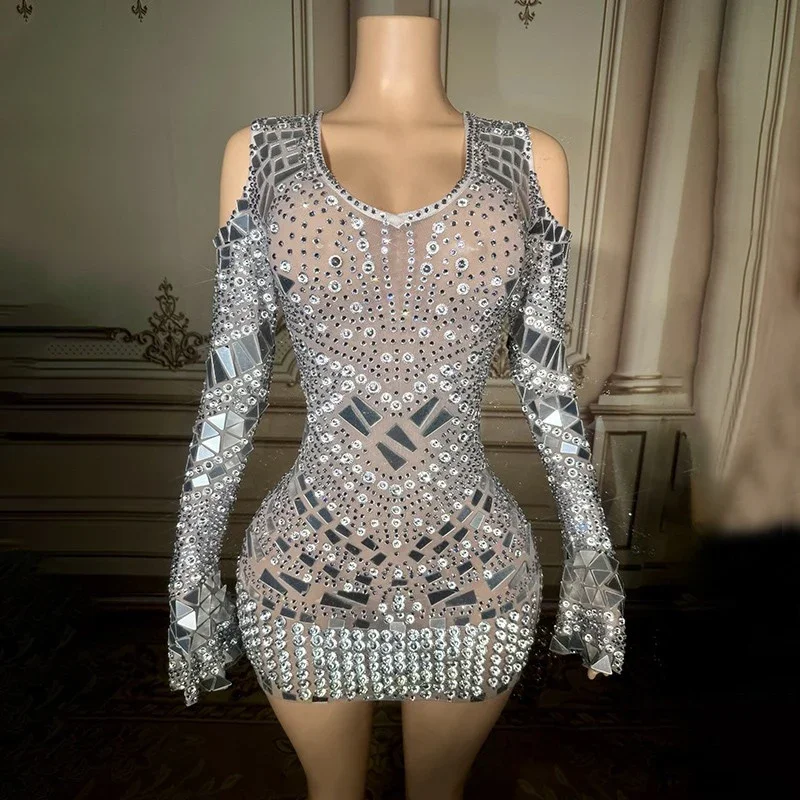 Silver Mirrors Party Dress Full hinestones Evening Dresses Women Singer Jazz Outfit Gogo Costume Stage Performance Wear Concert