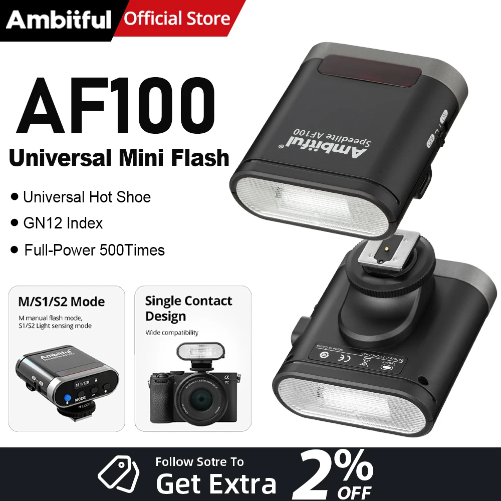 

Вспышка для фотоаппарата AMBITFUL AF100II Mini, GN12, 6500K, стандартное крепление Hot Shoe, карманный спидлайт для Sony, Canon, Nikon, Panasonic, Olympus