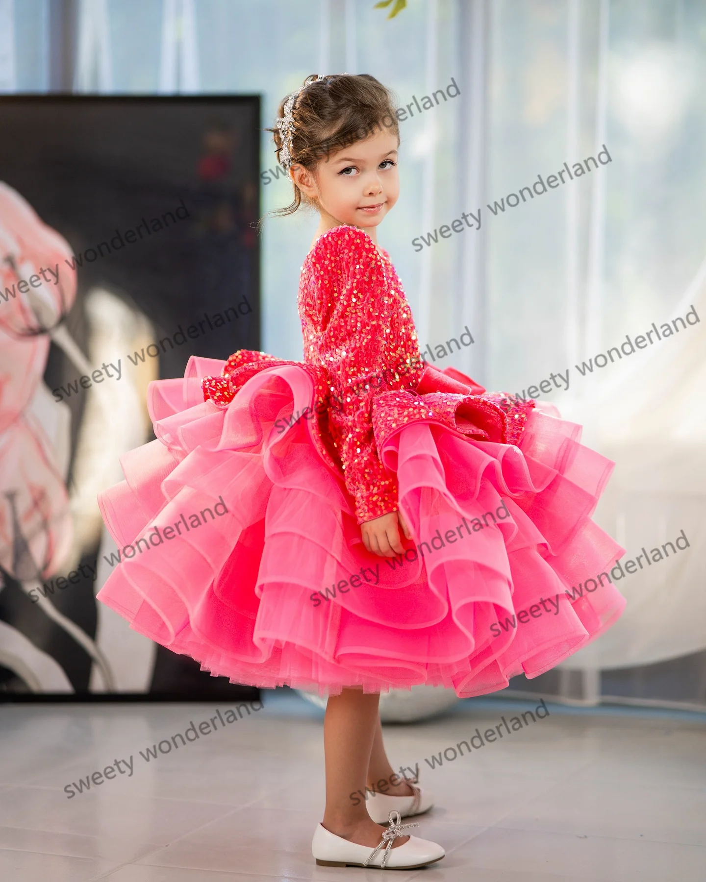 Pink Sequined Flower Girl Dresses Long Sleeves Organza Puff Skirt Vestido De Novia Knee Length Kids Sparkle Birthday Party Dress