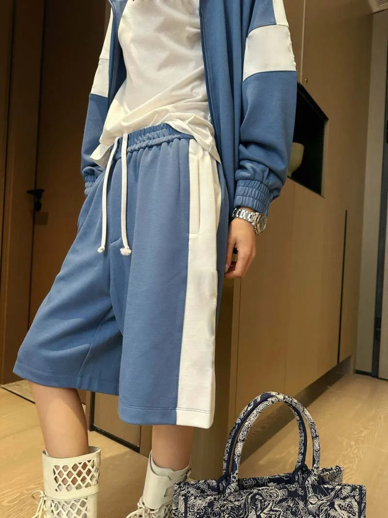 

Sporty women's jacket, fashionable, loose, energetic, youthful, slimming, blue and white contrasting zipper jacket set