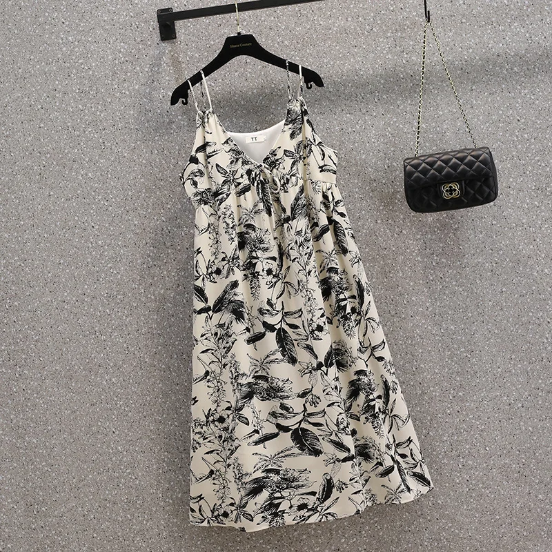 

Large Beach Vacation Beach Strap Long Dress Printed Sleeveless V-neck Dress 2024 Women's Summer New M-4XL 100kg