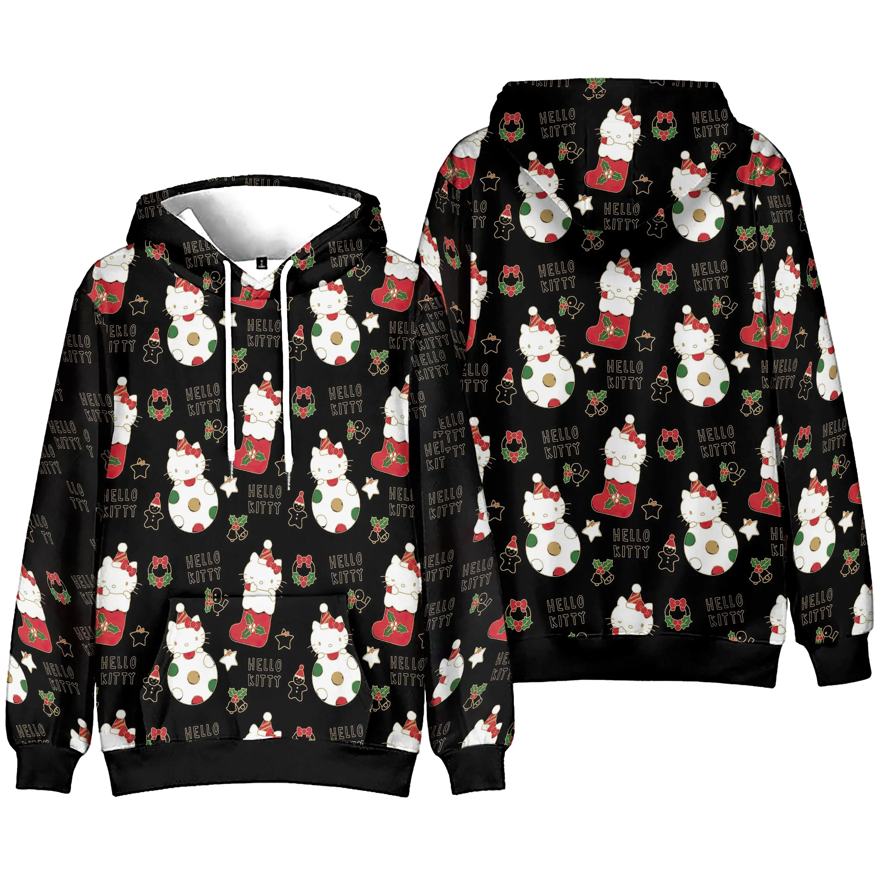 MINISO Girls Hoodies Hello Kitty 3d Christmas Printed Women\'s Hoodies Long Sleeve Hooded Sweatshirt Lovely Pullover Tops Clothes