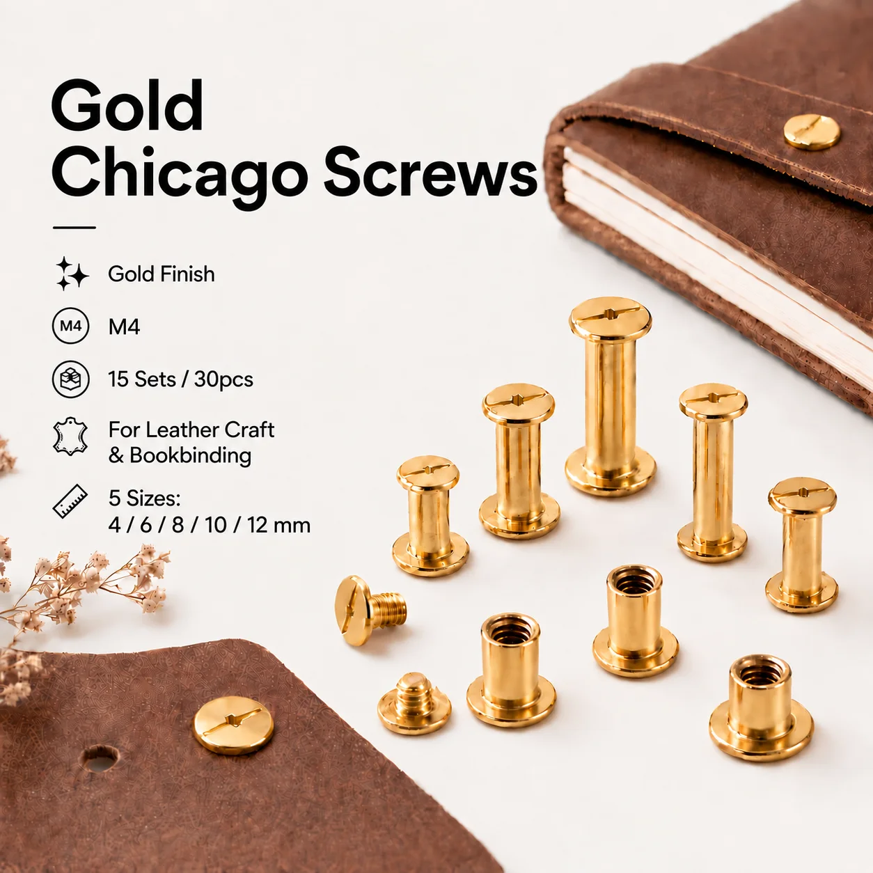15 sets/30 pieces of gold M4 Chicago screws, rivets, accounting round head screws with rivets, luggage craft clothing screws
