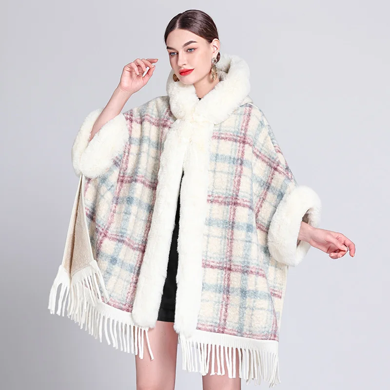 

Winter New Imitate Lamb Wool Faux Fur Cape Coat Hood Fashion Long Cloak Women Party Dress Wraps Warm Overcoat Loose Batsleeves