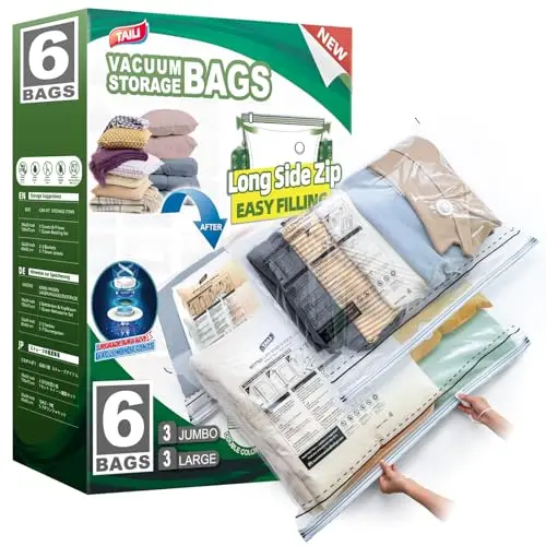 

TAILI, набор из 6 вакуумных пакетов для хранения, с длинной боковой молнией (3 больших + 3 очень больших), вакуумные пакеты разных размеров для одежды, для хранения объемных вещей, таких как постельное белье