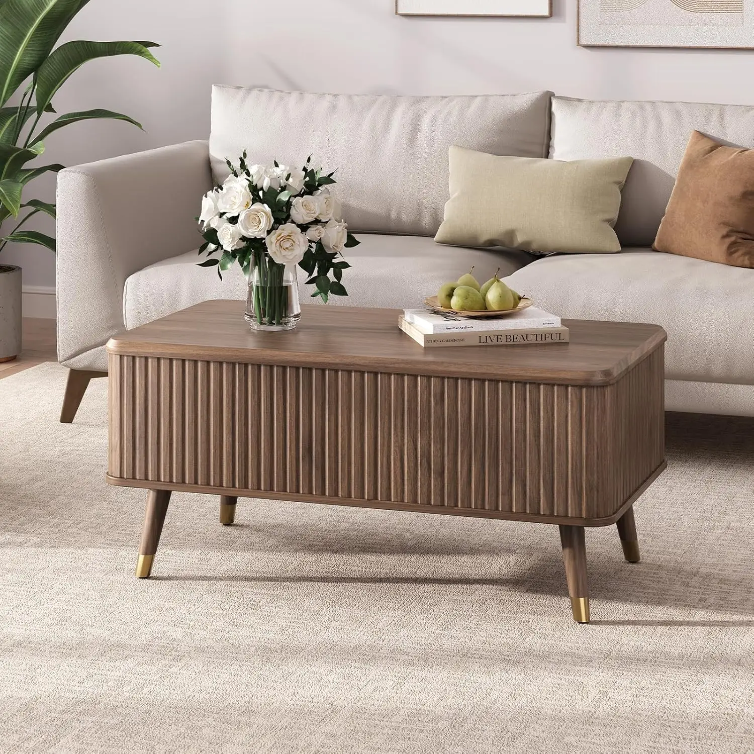 Mesa de Centro com Armazenamento, Estilo Moderno de Meio Século, Mesa Retangular com Design Flutuante e Compartimento Oculto