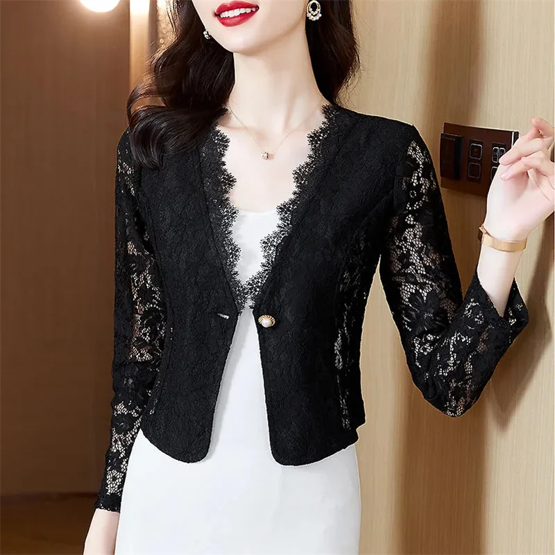 Primavera verão curto ternos de renda jaqueta feminina 2025 novo decote em v oco para fora cardigan terno casaco moda única fivela blazer feminino