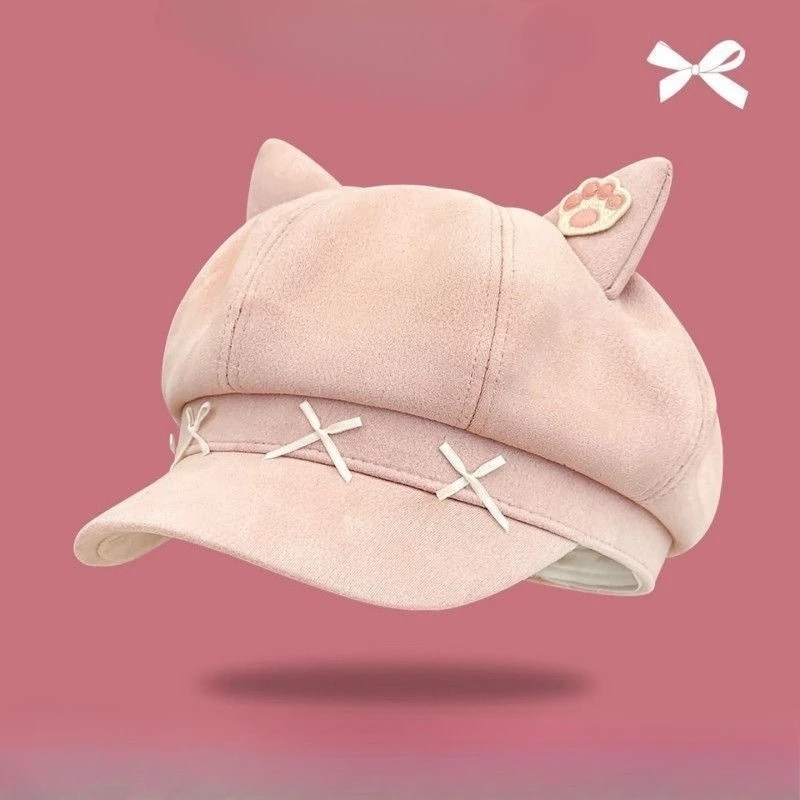 Boinas japonesas con orejas de gato de dibujos animados para mujer, boinas pequeñas Y2K para otoño e invierno, para viajes, día de invierno, dulces y versátiles