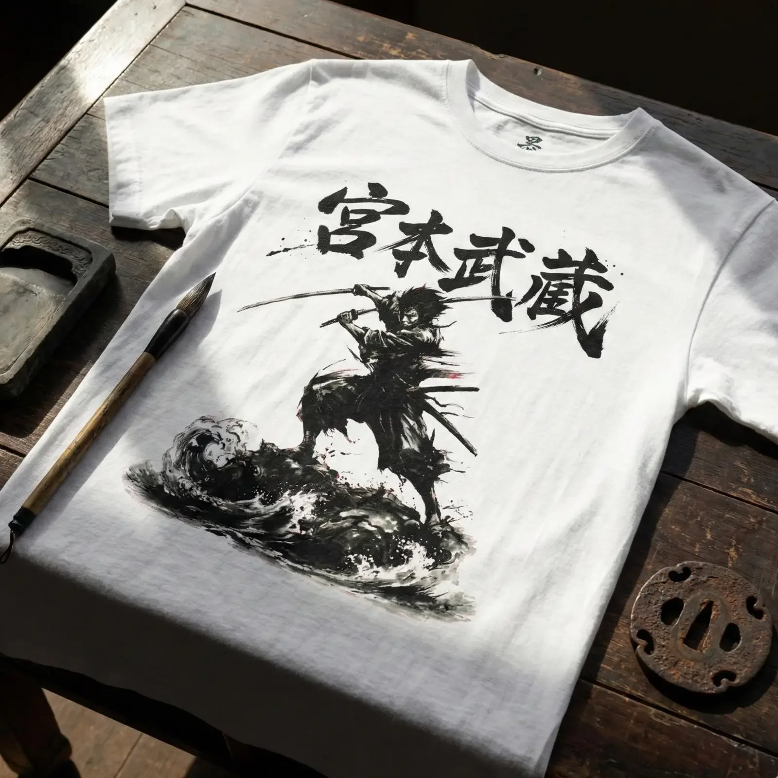 Miyamoto Musashi T Shirt Two Sword Style Kanji Calligraphy Sumi e Ink Wash Ronin Book of Five Rings Martial Arts vintage