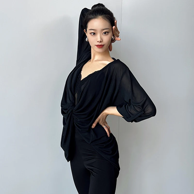 Latin Dance Clothes Loose Gray Black Tops Backless Practice Wear Women Rumba Modern Dance Shirts Salsa Dance Costume DNV20605