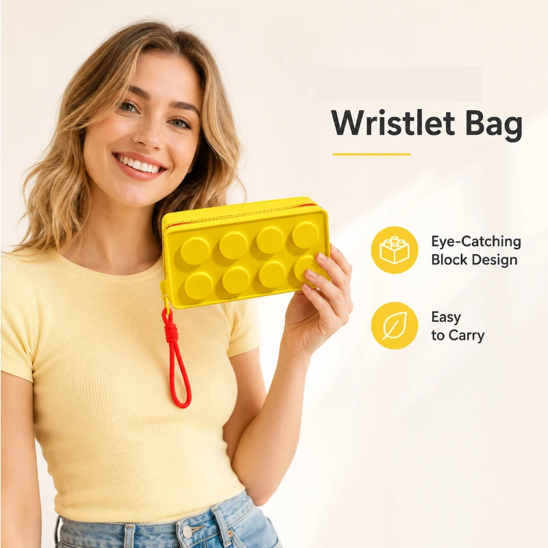 

Building Block Shape Cosmetic Bag Colorful Zipper Toiletry Organizer Handbag with Lanyard for Makeup Pens and Small Item Storage