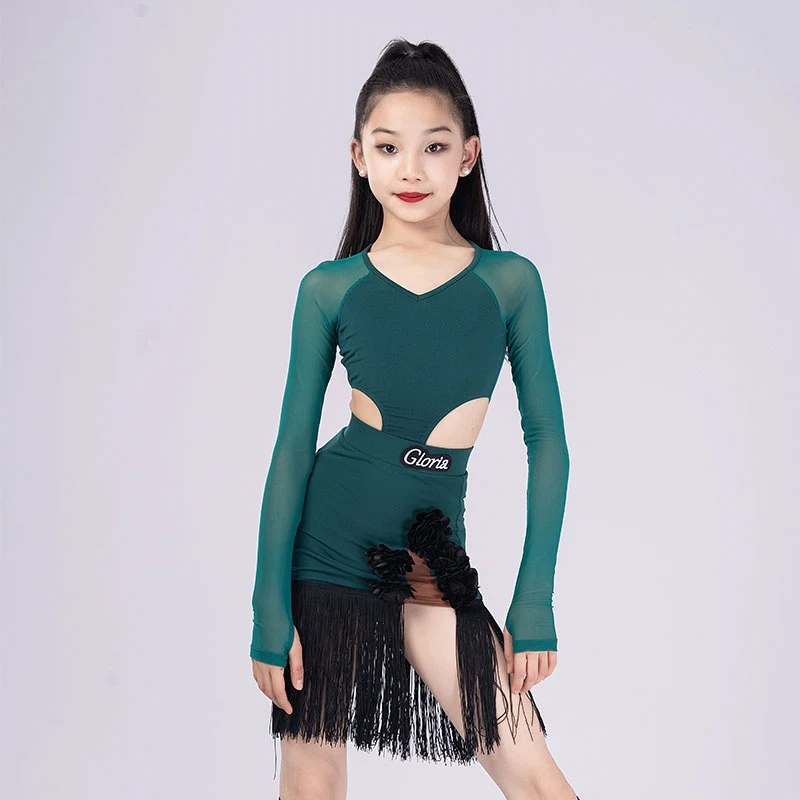 

2024 Girls Latin Dance Dresses Samba Rumba ChaCha Dancing Competition Costume Waist Hollow Out Bodysuit Tassel Skirt VDB8046