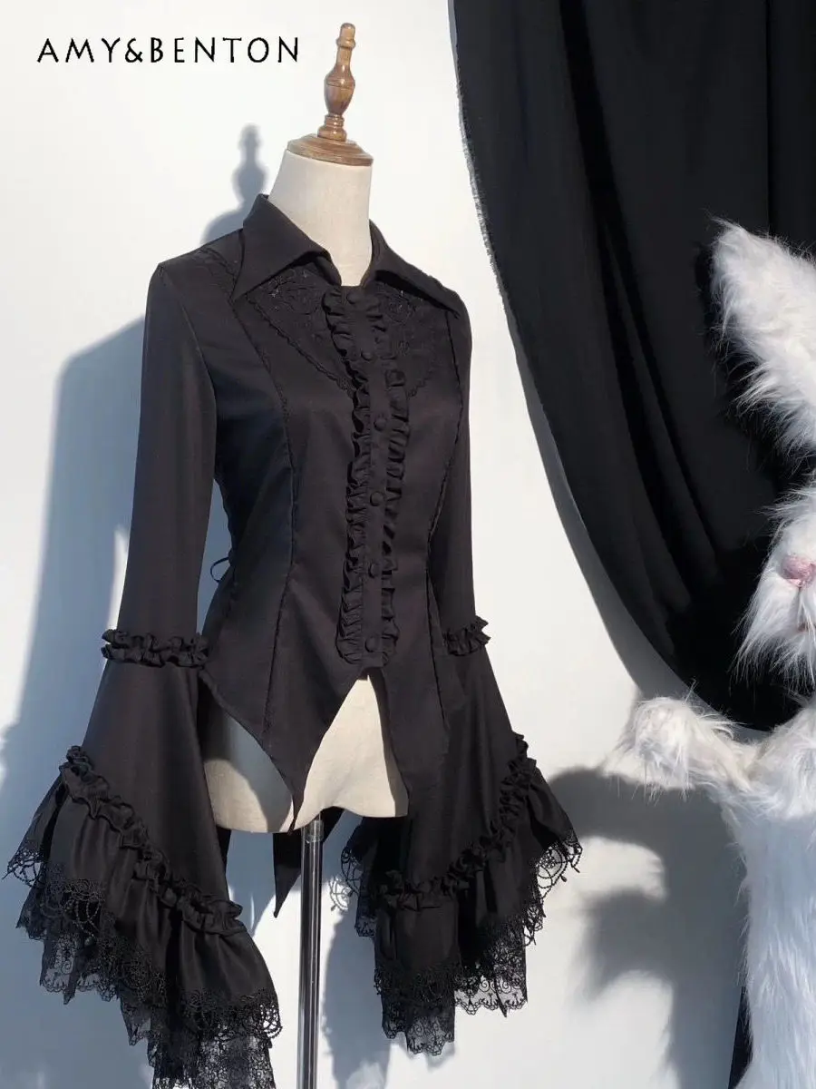 Medieval Lolita Top Vintage Gothic Court Style Long Sleeve Shirt Women Polo Collar Lace-Up Slim Heavy Industry Lace Blouses
