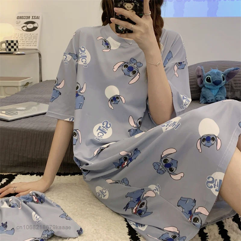 Disney Cartoon Stitch Summer Home Clothes Women Short Sleeve T-shirt Dress One Piece Y2k Sleepwear Cute Pajamas Female Clothing