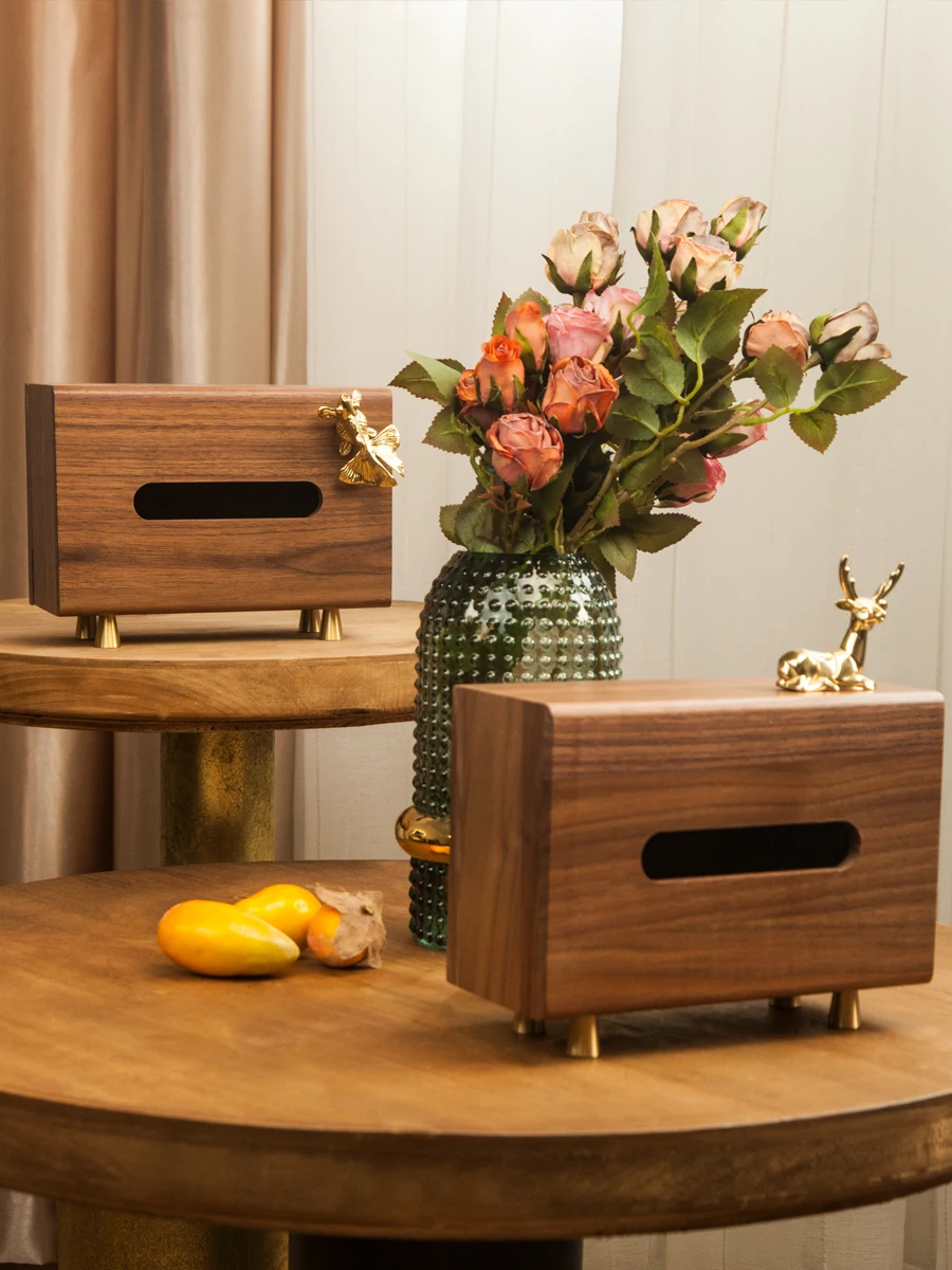 Black walnut wood brass decorative tissue box, living room, dining room napkins