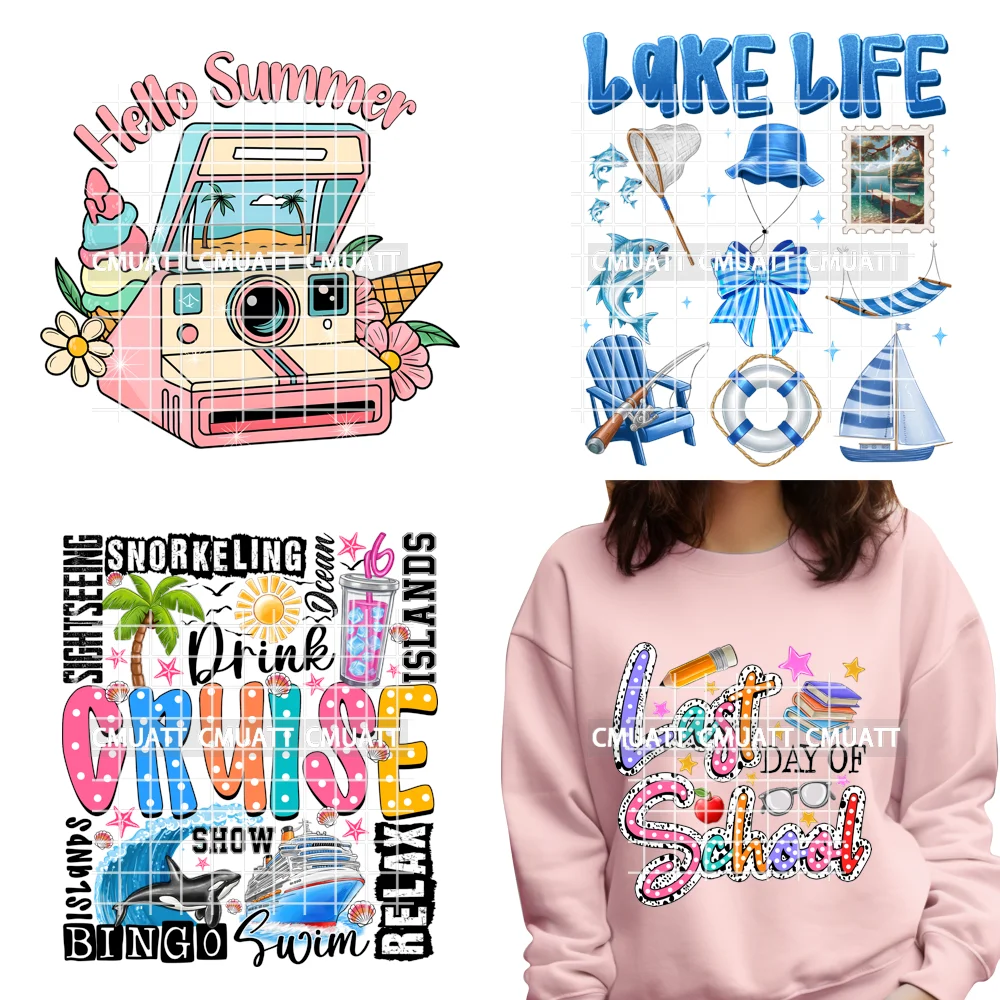 

Hello Summer Drink Lake Junkie Beach Sunshine Vacation Last Day Of School Iron on DTF Heat Press Transfers Stickers for T-shirts