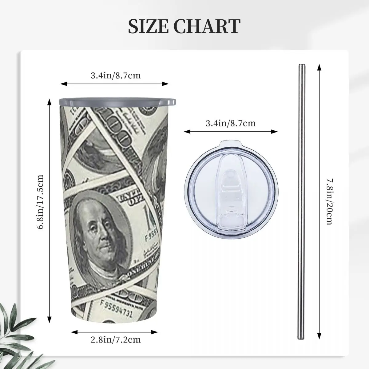 Rich Money Novelty Dollars Stainless Steel Tumbler Vacuum Insulated Mug Thermal Cold Cups Straws With Lid 20oz