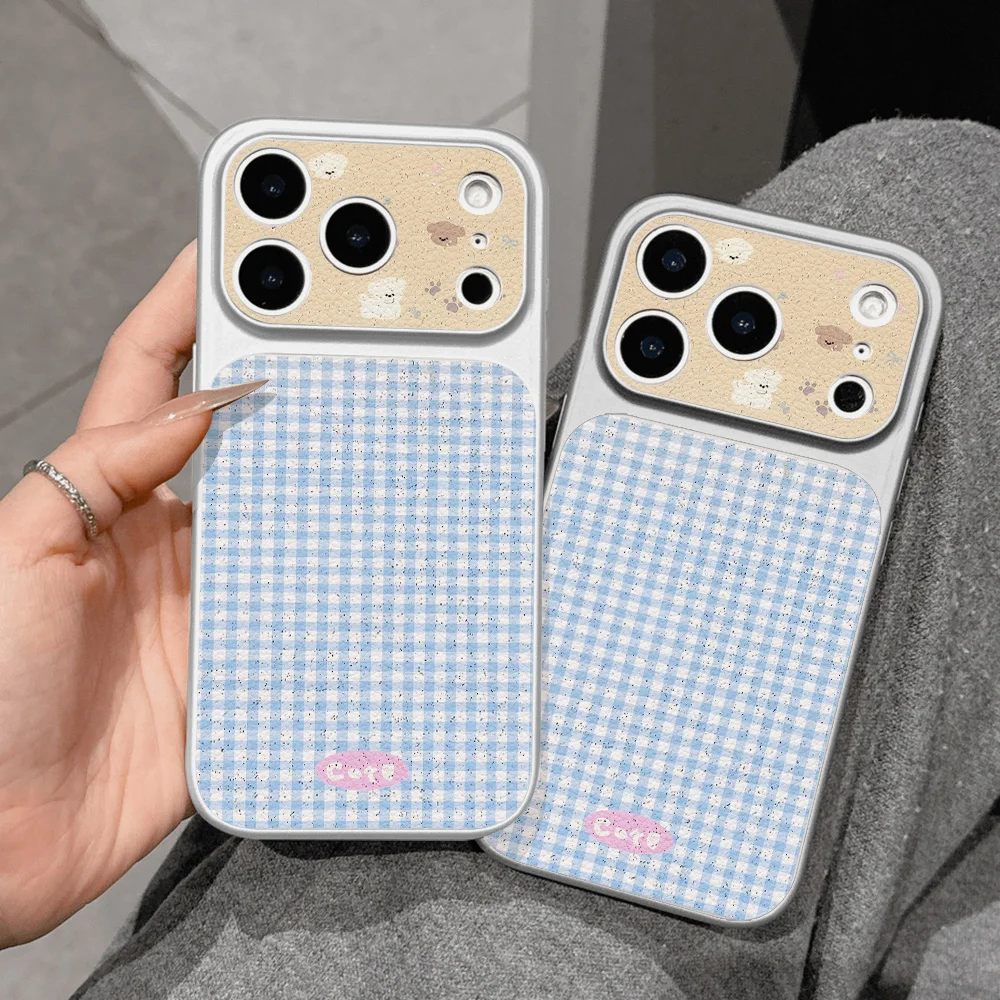 Blue And White Chequered Puppy Faux Lychee‑leather Case For iPhone 18 Pro 17 Pro Max 16 15 Pro 14 13 12 11 Cover With Lanyard