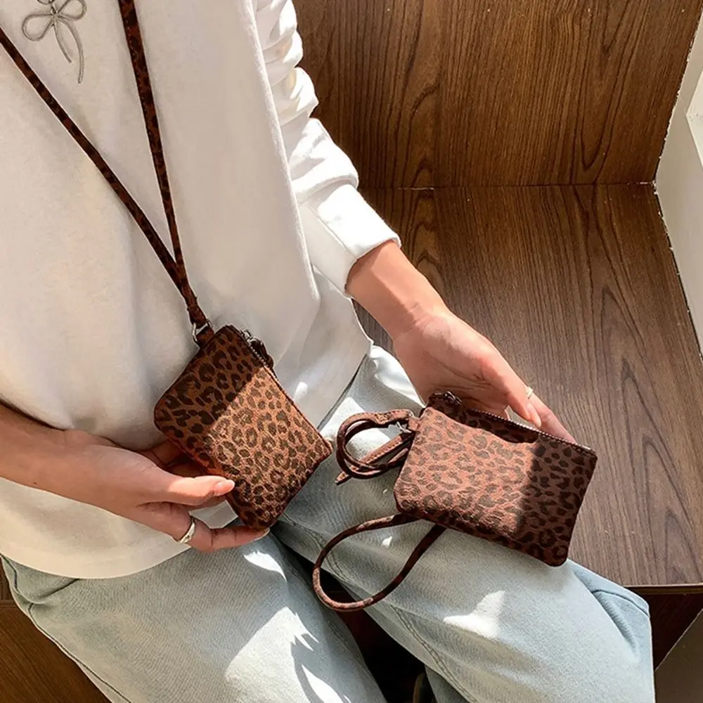 

Elegant PU Leather Suede Coin Purse Leopard Print Shoulder Bag Lanyard Wallet Card Holder Purse Mini Storage Bag Streetwear