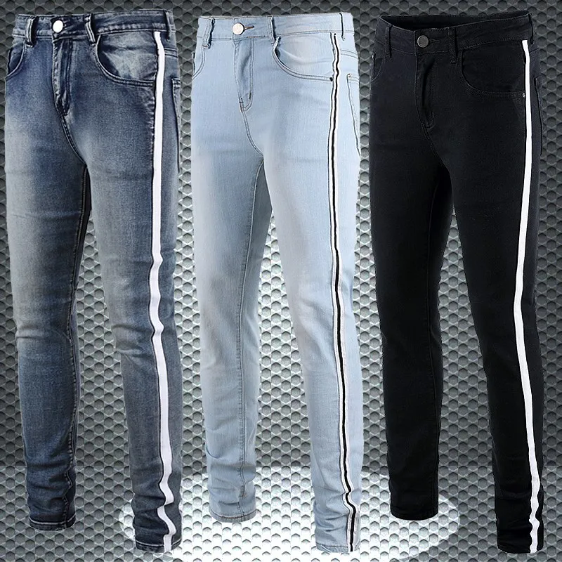 

Модные мужские джинсы с черными полосками, повседневные, облегающие, длинные брюки с прорезями на коленях, из хлопка, эластичные