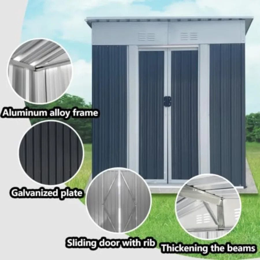 Outdoor Storage Shed with Lockable Sliding Door, Aluminum Alloy Frame, FT Grey Color, Two Sloped Sides Roof for Backyard, Lawn,