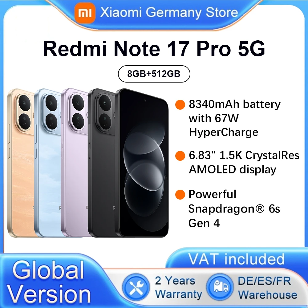 Globale Version Xiaomi Redmi Note 17 Pro 5G Smartphone 5G 6,83' 50MP Hauptkamera Corning Gorilla Glass Victus 2 8340mAh Akku 67W HyperCharge AI Ultra-Klares Bildgebungssystem 120Hz
