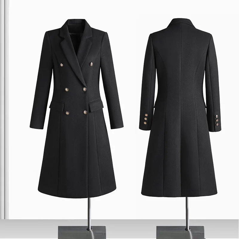 High quality wool blend long trench coat for women big size double breasted new winter 2025 elegant clothes - black grey blue