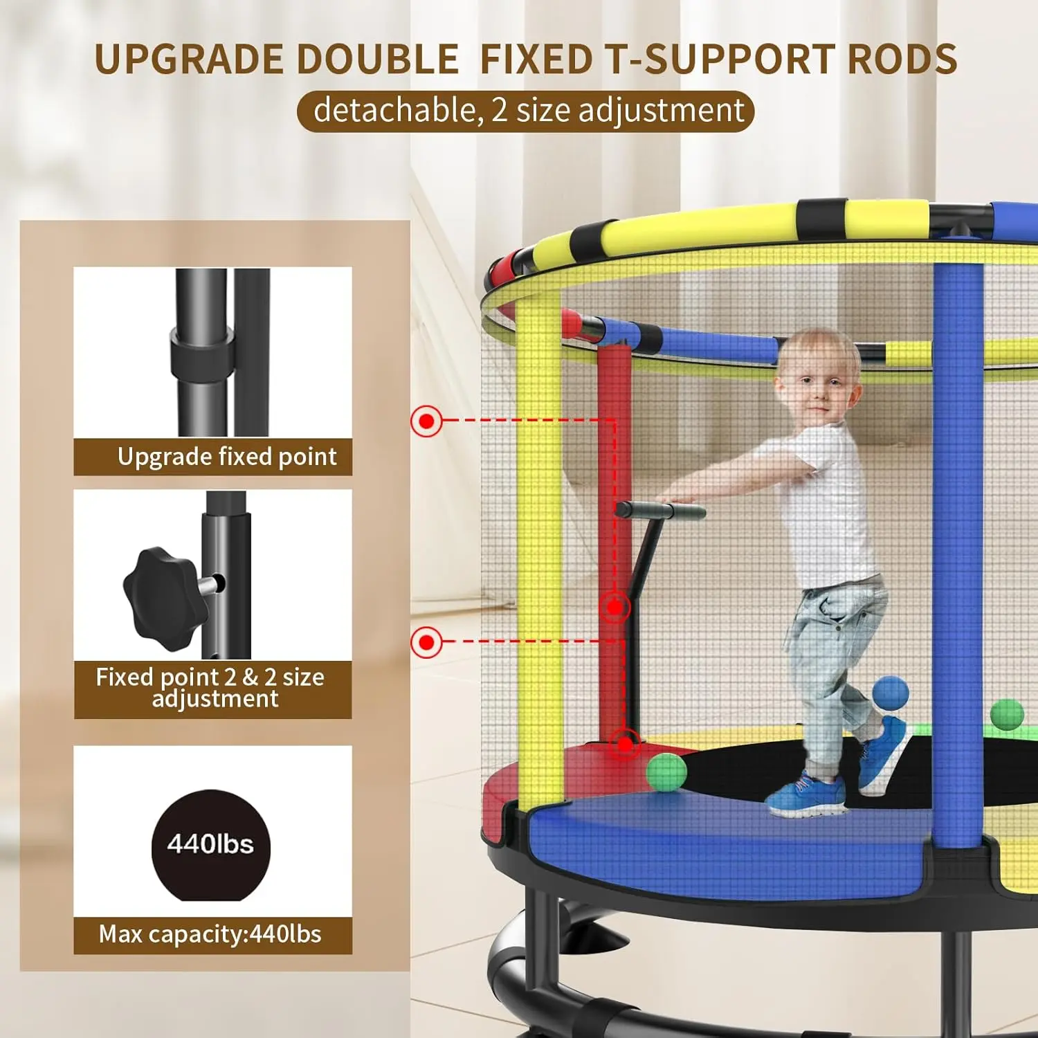 Full Anti-Rust 440lbs Anti-Rollover Round Bottom Toddler Trampoline, T-handrail Adjustable Baby Toddler Tra