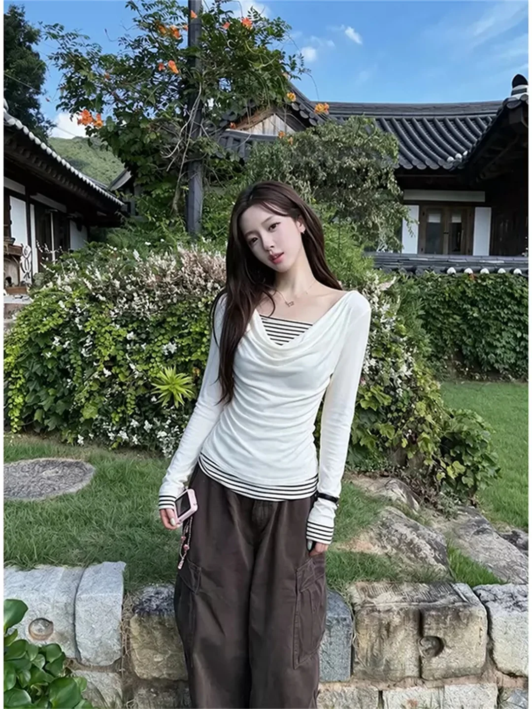 Korean Loose Striped Fake Two-Piece Long Sleeve Women's T-Shirt Autumn Slimming Elegant Beautiful Top Gathered Shoulder Design