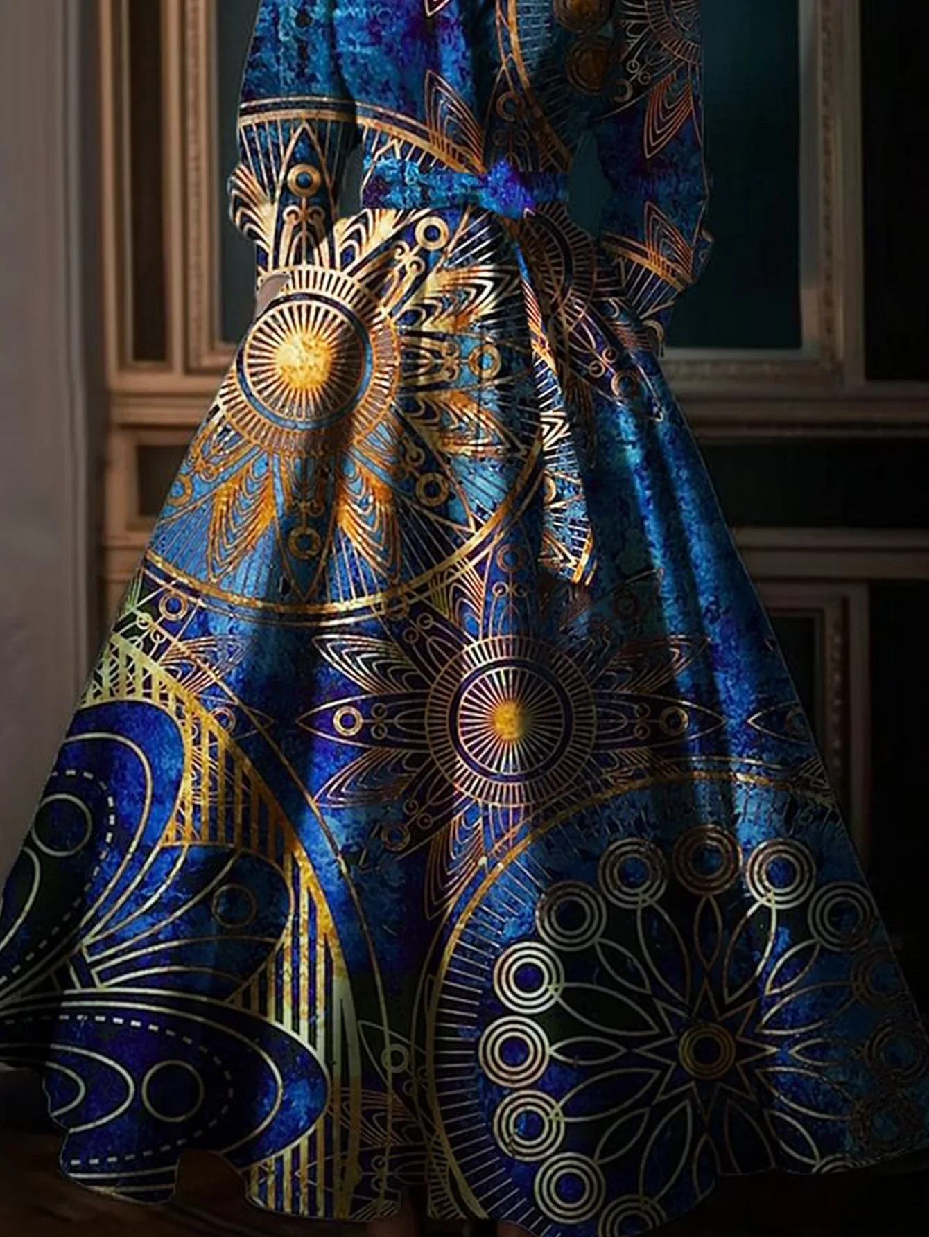 Elegant Printing Maxi Dresses Multicolor Turndown Collar Long Sleeve Long Dress Party Wedding Evening Dress Vestidos de gala