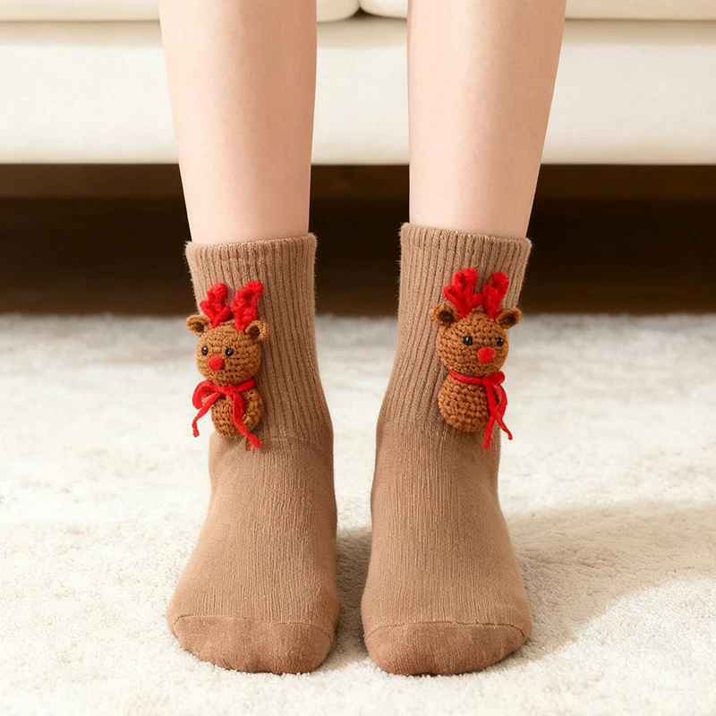 3D Knit Animal Socks Double Layer Warm Funny Socks Hand Crocheted Breathable Middle Tube Socks Christmas Gifts