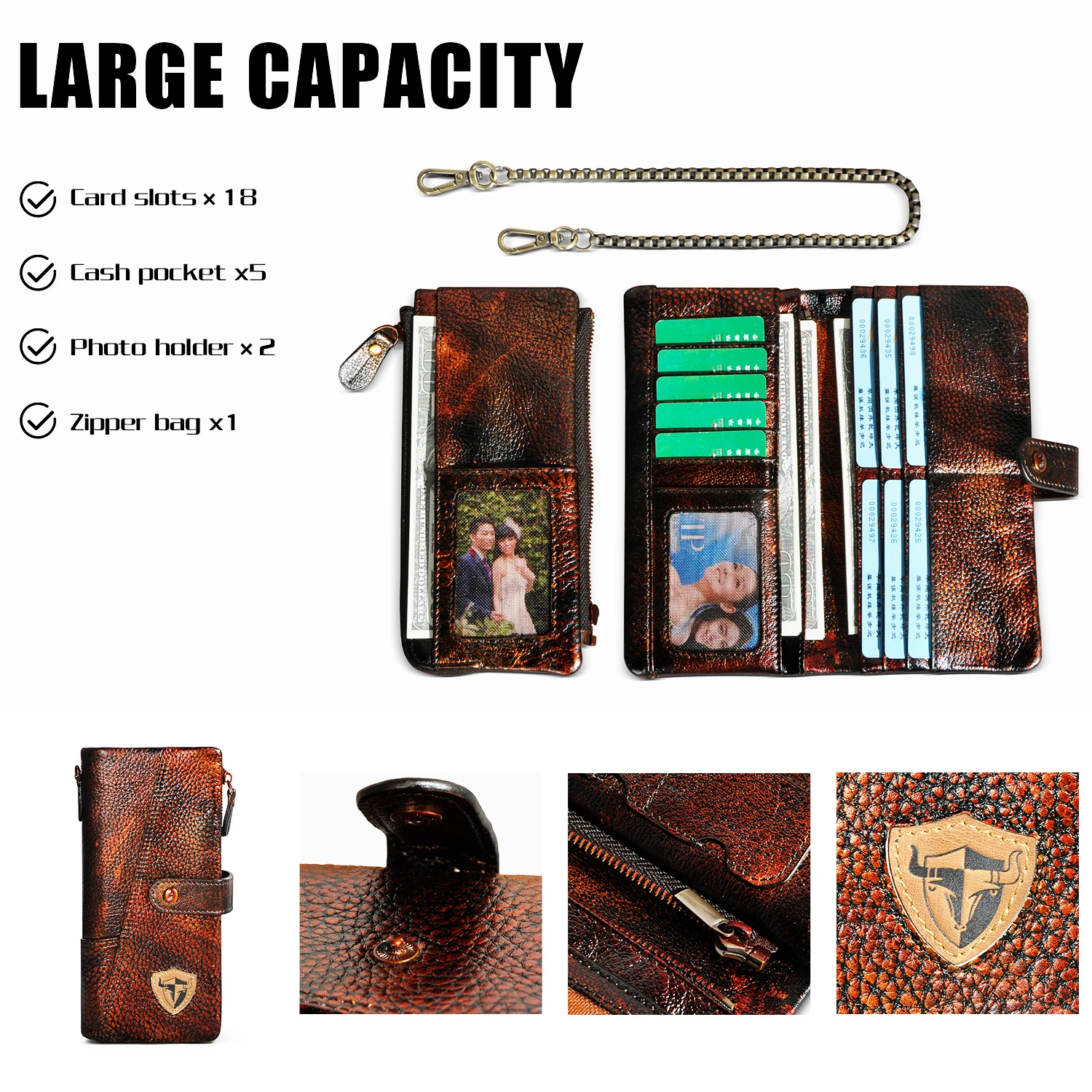 Hot Sale Thick Genuine Leather Travel Business Organizer Chain RFID Wallet For Men Long Zipper Male Purse Card Holder 1803