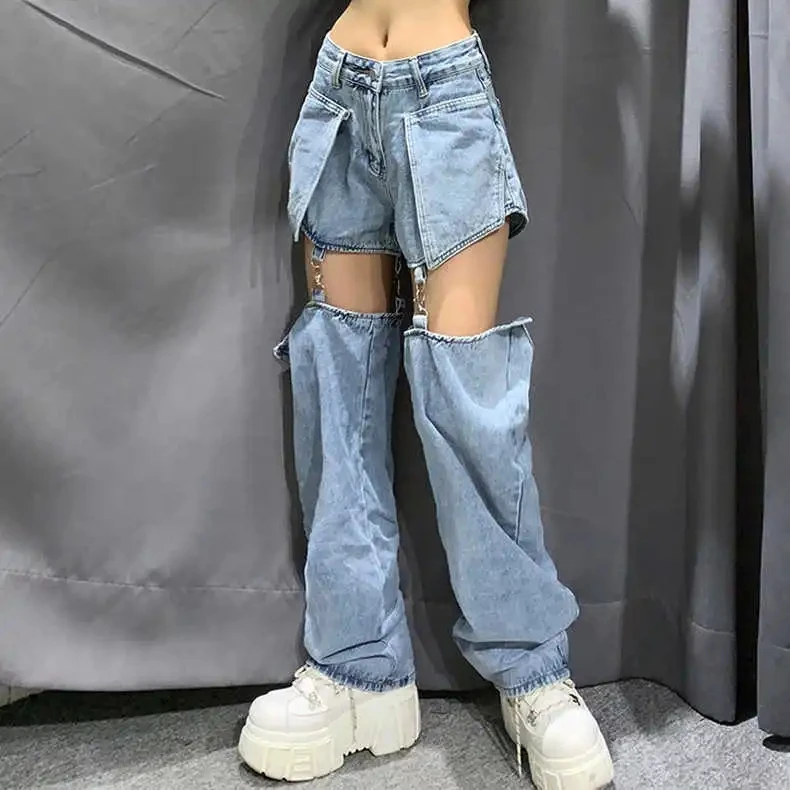 Disassembled Pants Women Jeans High Street Waisted Vintage Hip Hop Hole Woman Streetwear Casual Straight Baggy Women Jean